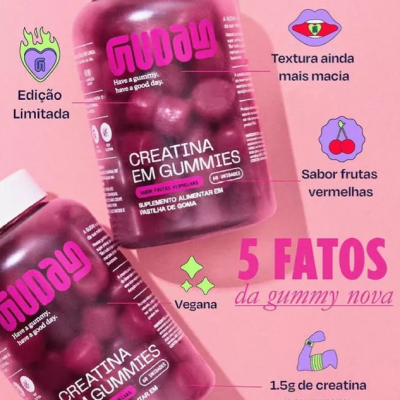 Frascos rosa de creatina em gummies sobre fundo rosa com texto informativo