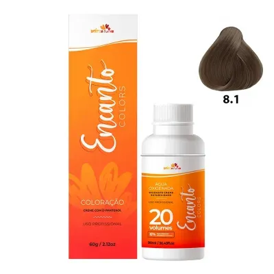 Embalagem e frasco de coloração capilar Encanto Colors com amostra de cor 8.1