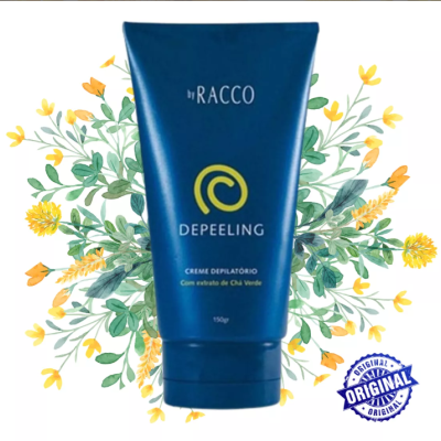 Creme depilatório DEPEELING by RACCO em tubo azul, selo ORIGINAL, fundo floral amarelo e verde