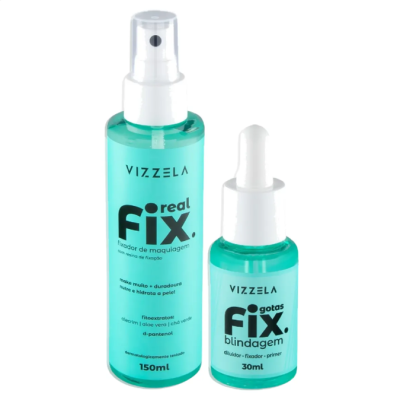 Produtos Vizzela fix e fix gotas em frascos azuis esverdeados com tampa branca