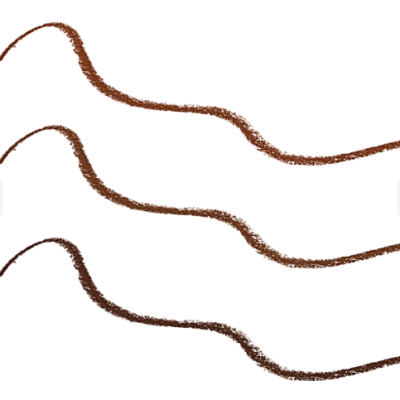 Três traços ondulados de lápis para olhos em tons castanhos sobre fundo branco