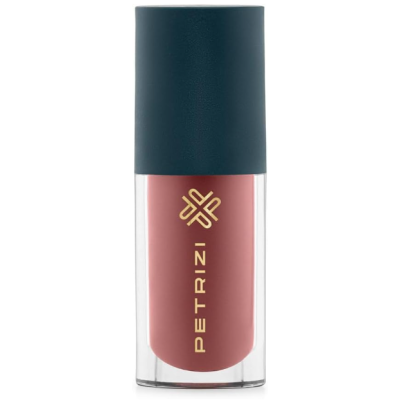 Frasco transparente de verniz de unhas PETRIZI com tampa azul escura e verniz rosa