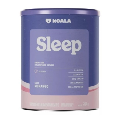 Lata de suplemento alimentar Koala Sleep sabor morango em tons de roxo e rosa.