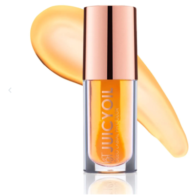 Frasco de óleo de beleza Juicy Oil com tampa metálica rosa dourado e óleo amarelo
