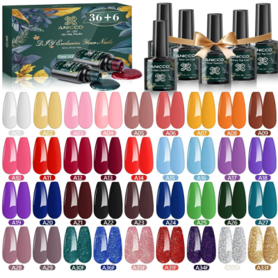 Conjunto de vernizes de unhas ANCCO com várias cores e embalagem colorida.