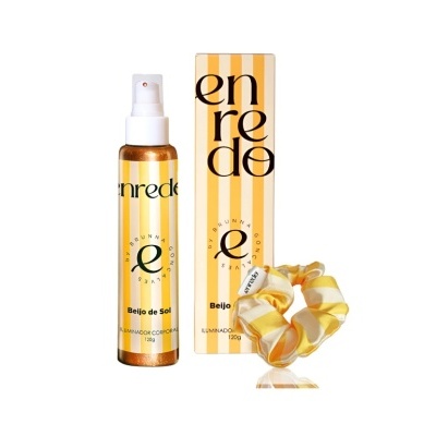 Spray corporal iluminador Beijo de Sol com scrunchie amarelo e embalagem listrada
