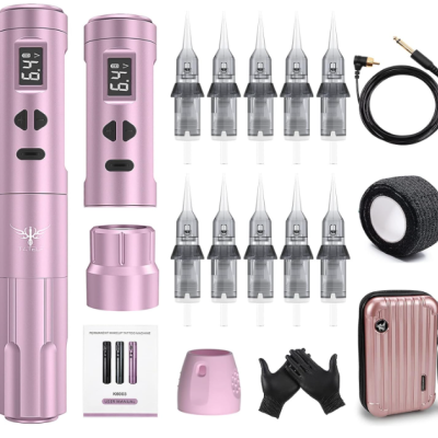 Máquina de tatuagem rosa com acessórios e estojo