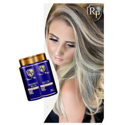 Champô e condicionador azul com tampas douradas e mulher loira com cabelo comprido