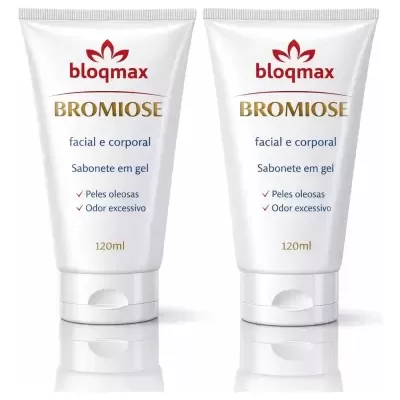 Duas embalagens brancas de sabonete em gel da marca bloqmax para rosto e corpo.