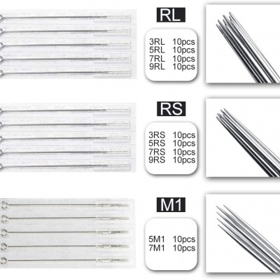Conjunto de agulhas de tatuagem RL, RS e M1 embaladas em pacotes transparentes