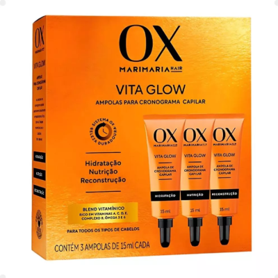 Caixa laranja com 3 ampolas OX Vita Glow para cabelo