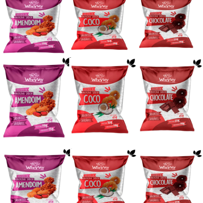 Pacotes de snacks WhyViv nos sabores Amendoim, Coco e Chocolate em arranjo 3x3
