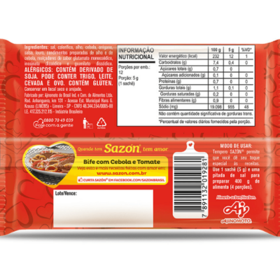 Embalagem vermelha de tempero Sazón com imagem de bife com cebola e tomate