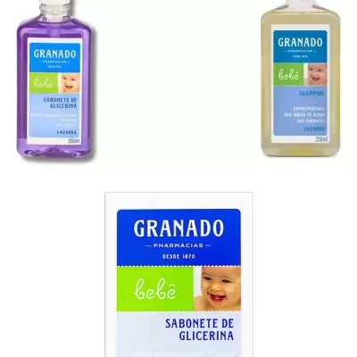 Produtos Granado Bebê: sabonete líquido, shampoo e sabonete em barra