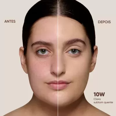 Rosto de mulher com metade ao lado esquerdo sem maquilhagem e metade ao lado direito com maquilhagem, texto ANTES e DEPOIS, indicação 10W Clara subtom quente