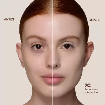 Antes e depois de aplicação de base de maquilhagem 7C Super clara subtom frio