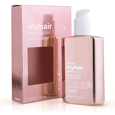 Frasco e caixa rosa metálico de produto myhair ultra repair