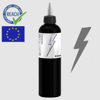 Garrafa preta com bico aplicador e rótulo branco com raio e texto 24OZ, selo REACH e bandeira da União Europeia