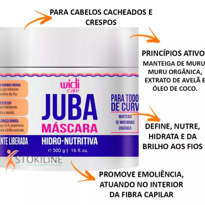 Embalagem branca de máscara para cabelos cacheados Widi Care Juba Máscara hidro-nutritiva com textos informativos