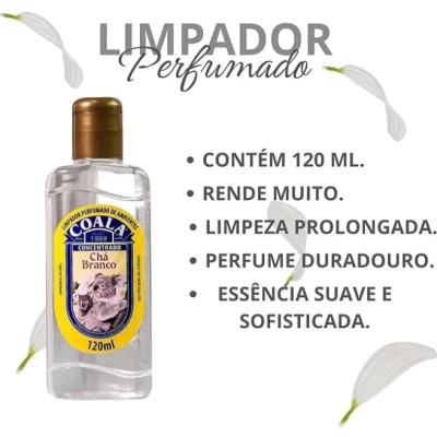 Frasco de limpador perfumado com etiqueta azul e amarela e texto descritivo ao lado