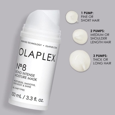 Frasco branco do OLAPLEX Nº8 Bond Intense Moisture Mask com amostras do creme e instruções em inglês