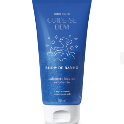 Embalagem azul de sabonete líquido esfoliante Cuide-se Bem