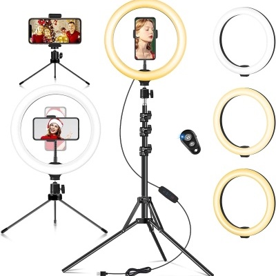 Anel de luz LED com tripé, suporte para smartphone e controle remoto