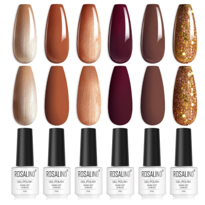 Seis frascos de verniz gel ROSALIND com várias cores, incluindo bege, castanho, vinho e glitter dourado.