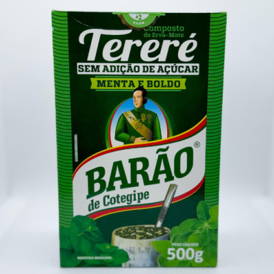 Embalagem verde de Tereré com ilustração e texto em português.