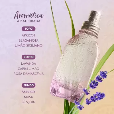 Garrafa transparente com gotas de água ao lado de flores de lavanda com texto de fragrância aromática amadeirada