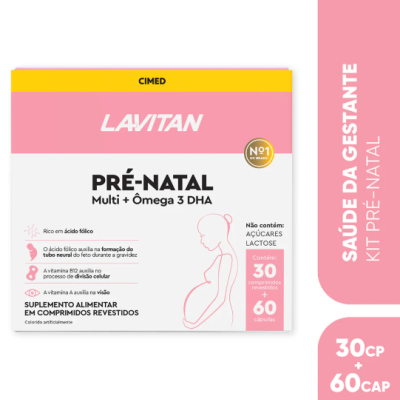 Embalagem do suplemento Lavitan Pré-Natal para saúde da gestante em rosa, branco e amarelo