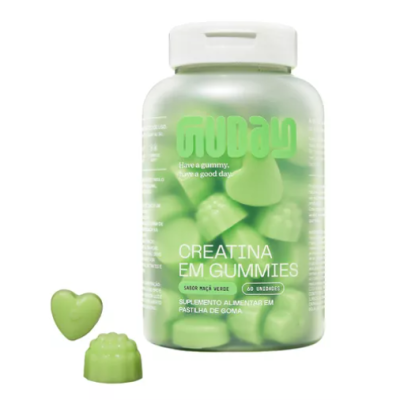 Frasco de suplemento alimentar em gummies verdes forma de coração e outra forma com rótulo explicativo