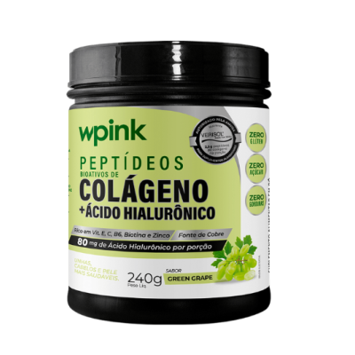 Frasco preto de suplemento alimentar wpink Peptídeos Bioativos de Colágeno com Ácido Hialurónico sabor Green Grape