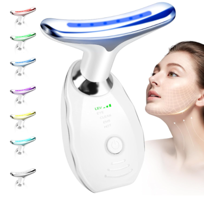 Dispositivo facial branco com LED azul e indicadores LED, mostrado ao lado do rosto feminino