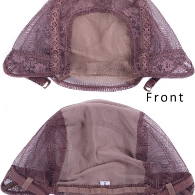 Touca de rede cor de rosa castanho em renda e rede, vista frontal e traseira