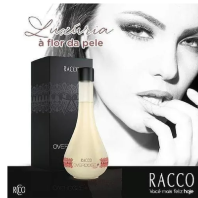 Frasco de perfume e embalagem preta com rosto de mulher e texto promocional