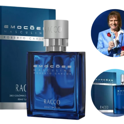 Frasco e embalagem de perfume masculino azul EMOÇÕES MASCULINAS RACCO