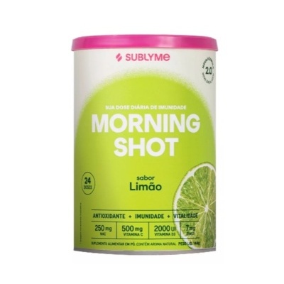 Embalagem cilíndrica branca e verde com tampa rosa de suplemento Morning Shot sabor Limão