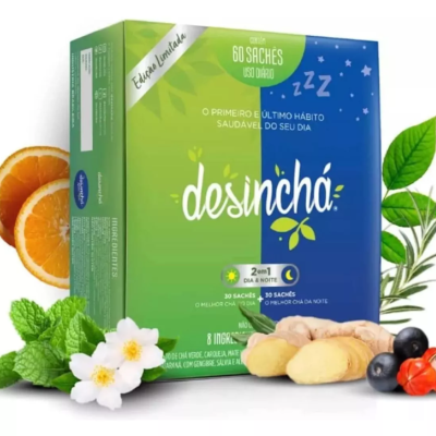 Caixa de chá Desinchá verde e azul com 60 sachês e ingredientes naturais ao redor