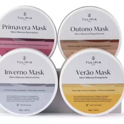 Quatro máscaras faciais TULÍPIA PRO em embalagens redondas de cores diferentes