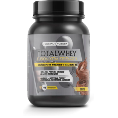 Recipiente preto de suplemento Total Whey Fusion Xtra Strength sabor chocolate 1 kg