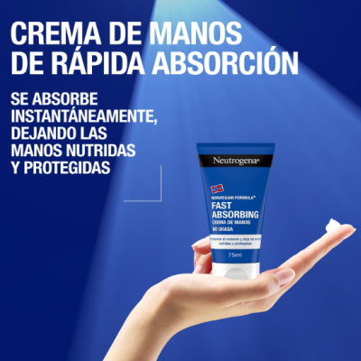 Tubo azul de creme de mãos Neutrogena 75ml sendo segurado por uma mão sobre fundo azul