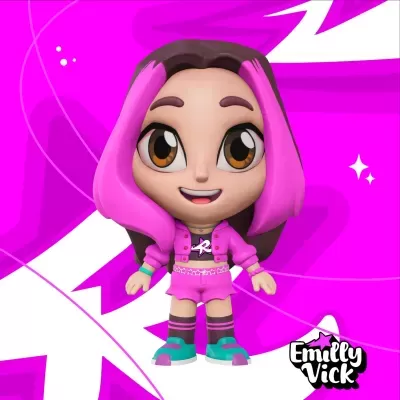 Figura Emilly Vick colecionável com cabelo castanho e rosa, roupa rosa, sapatilhas e meias coloridas