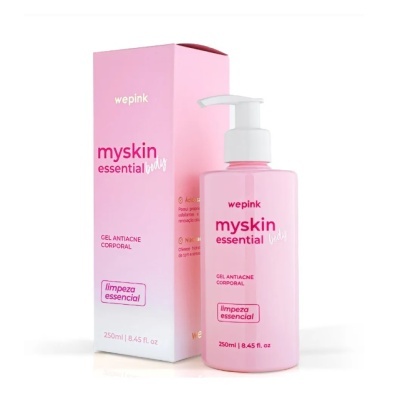 Frasco rosa de gel antiacne corporal Myskin Essential com embalagem rosa