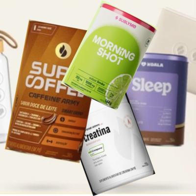 Produtos alimentares Super Coffee, Morning Shot, Creatina e Sleep em diferentes embalagens