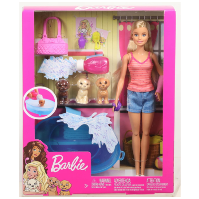 Conjunto Barbie com boneca, cachorros e acessórios em embalagem cor-de-rosa