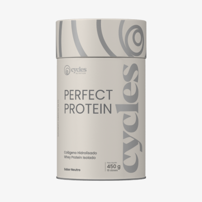 Frasco bege de suplemento 'PERFECT PROTEIN' da cycles nutrition