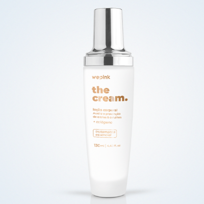 Frasco branco fosco de loção corporal wepink com tampa prateada e texto castanho claro.