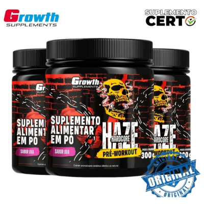 Três potes pretos de suplemento Growth Supplements Haze Hardcore com rótulo colorido, selo original
