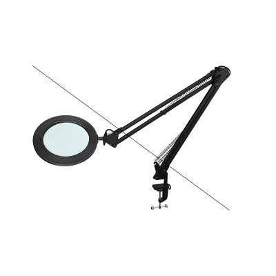 Lupa com luz LED em braço articulado preto com braçadeira